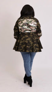 Camouflage Waist Length Peplum Jacket With Tie
