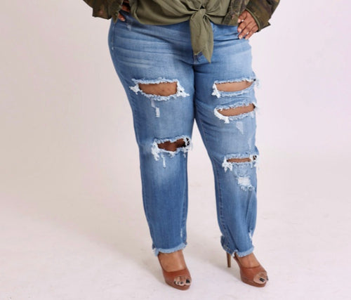 Medium Denim Heavy Destroy Boyfriend Jeans