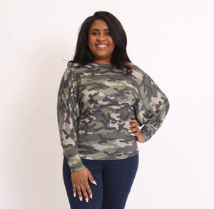 Camouflage Print Wide Neck Top