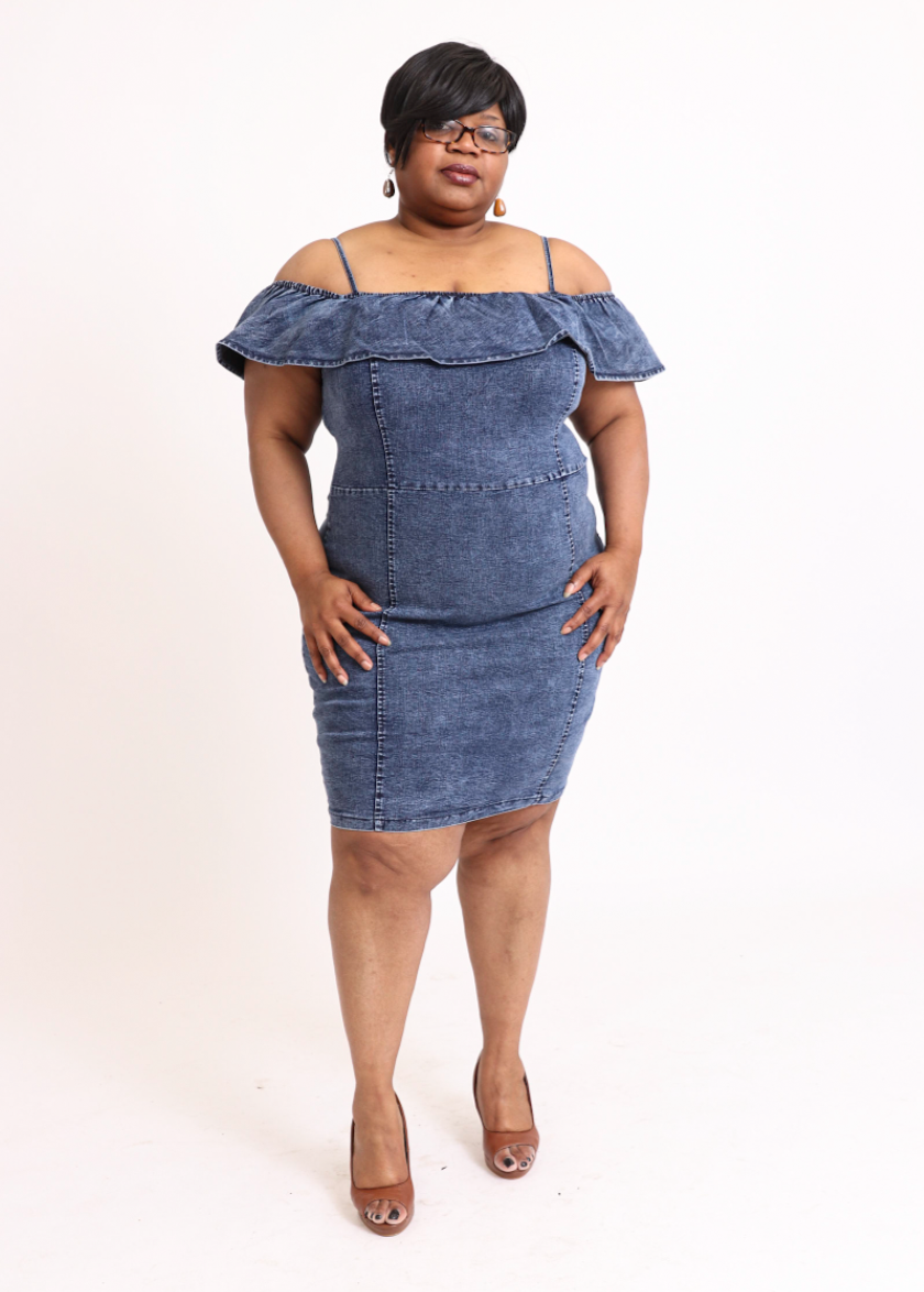 Denim Flounce Cold Shoulder Dress